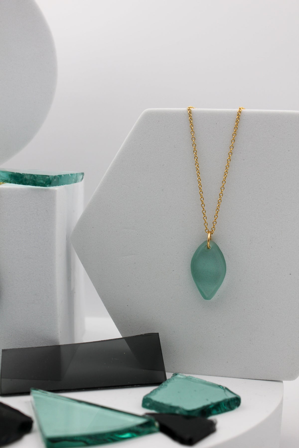 Visions Aqua Glass Necklace | Repurposed Automotive Windshield Glass | Adjustable Gold Plated Chain