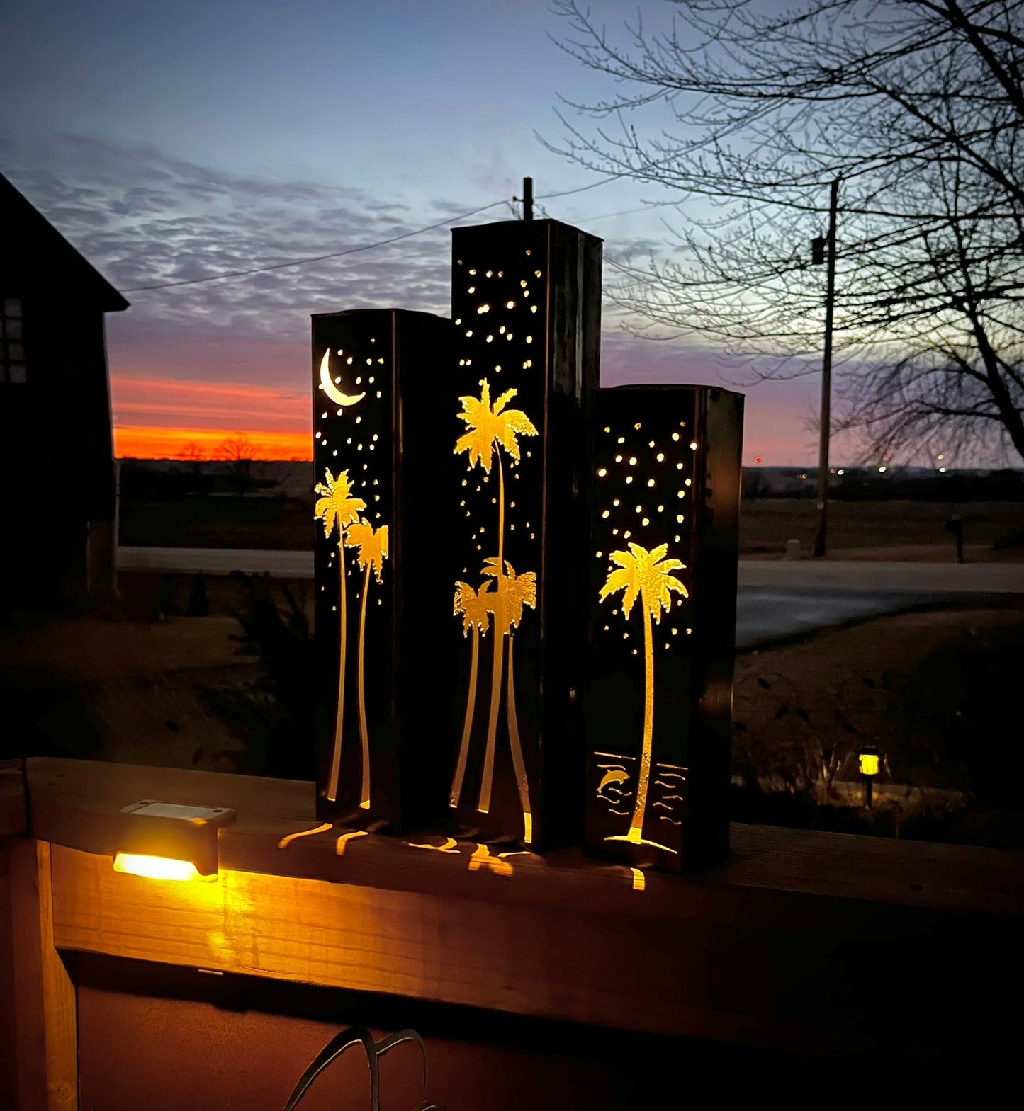 Palm Trees Under the Stars Luminary Pillars w/ Solar Cap | 12-inch, 14-inch, 16-inch