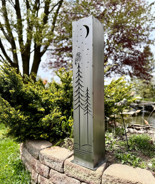 Simple Pine Owl Solar Pillar - Steel - Corten Available