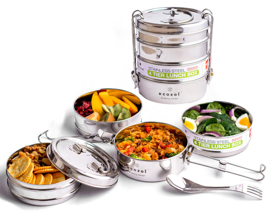 Stainless Steel Lunch Box, 4 Tier Round with Spork, 55 Oz