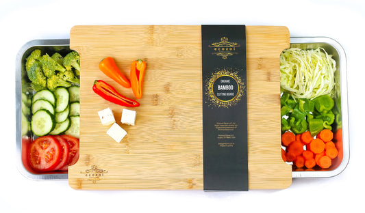Bamboo Cutting Board with 2 Organizing Stainless Steel Trays